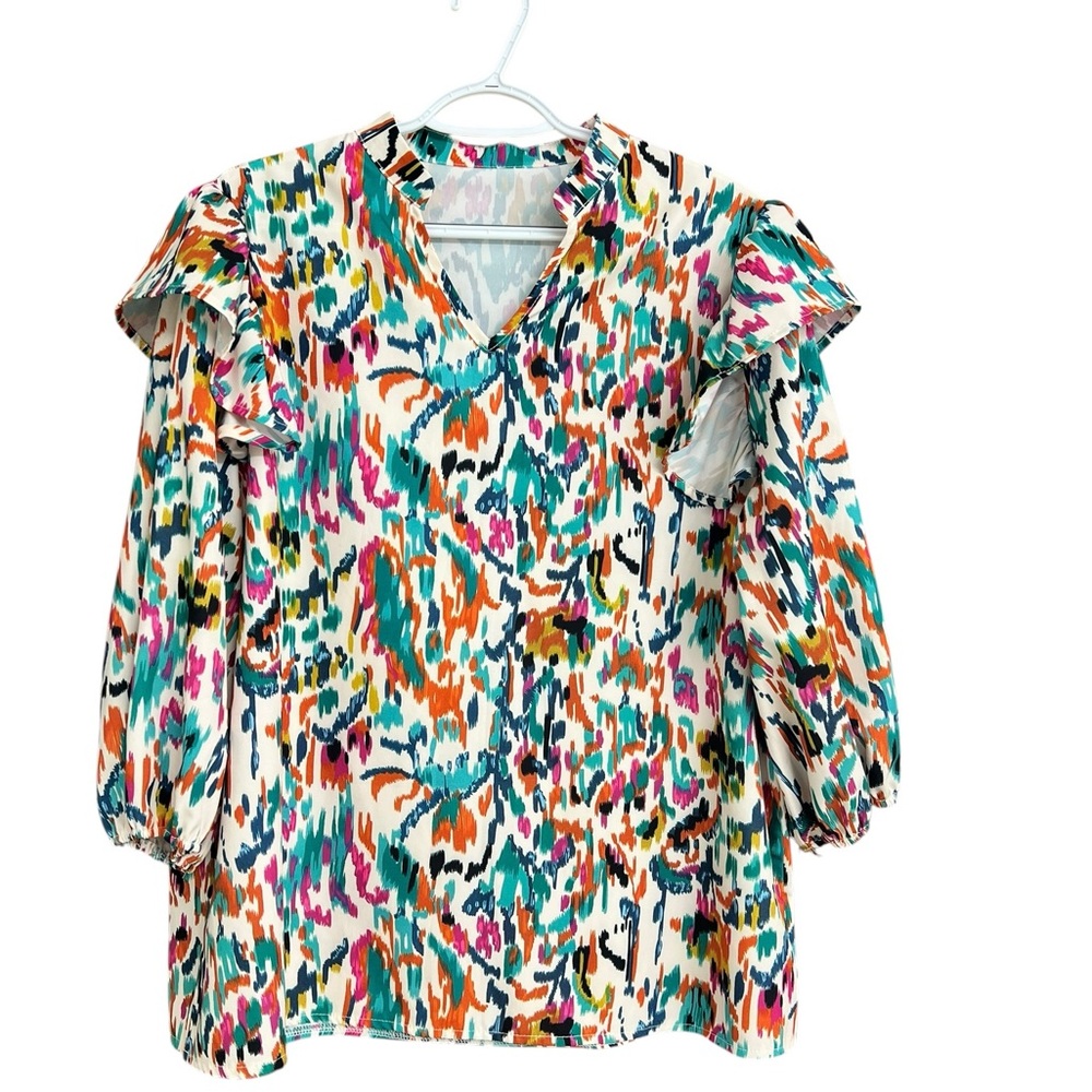 Women's Multicolor Print V-Neck Ruffle Sleeve Top Size‎ XXL